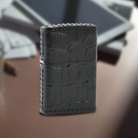 ZA-5-23A Crocodile-Pattern Leather Windproof Lighter – Black