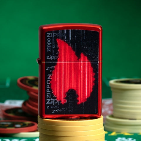 49584 Metallic Red Flame Logo Windproof Lighter