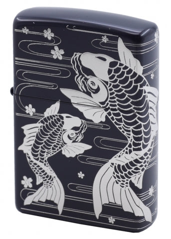 ZA-3-11B Cherry Blossom Carp (Black with Silver) Windproof Lighter
