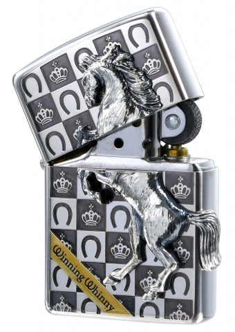 ZA-5-3D Crowned Rider Windproof Lighter – Bright Black & Silver