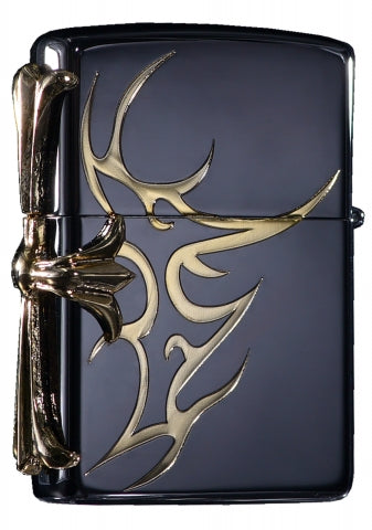 ZA-3-155A Metal Cross Emblem Windproof Lighter – Bright Black & Gold