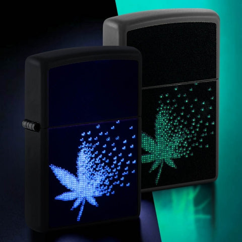 48677 Black Light Cannabis Leaf Dot Design Windproof Lighter (Includes Blue-Light Keychain, Assorted Color)