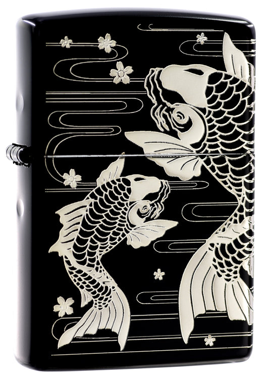 ZA-3-11B Cherry Blossom Carp (Black with Silver) Windproof Lighter