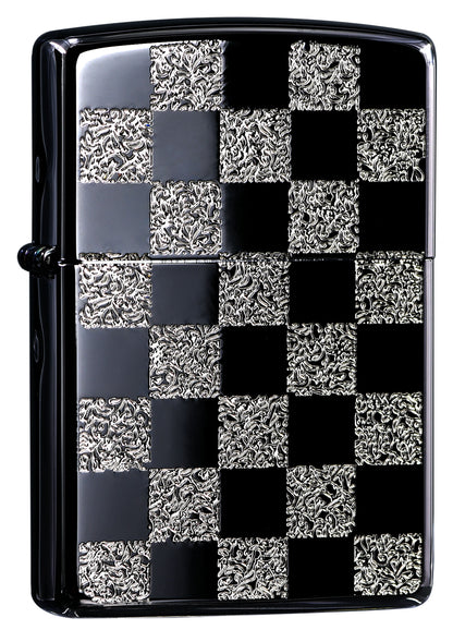 ZA-3-145B Chessboard Windproof Lighter – Black & Silver with Bright Silver
