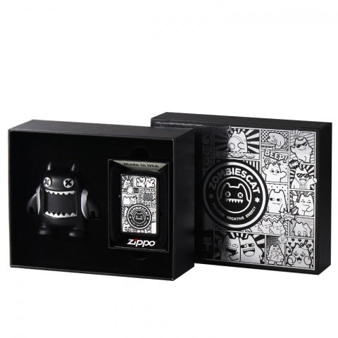 Z-029 Devil Cat Windproof Lighter Set – Black & Silver-Plated
