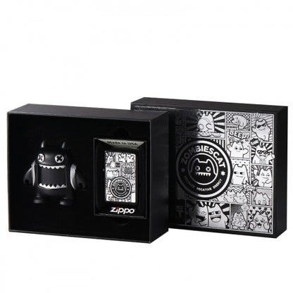 Z-029 Devil Cat Windproof Lighter Set – Black & Silver-Plated