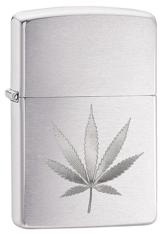 29587 Brushed Silver Cannabis Leaf Windproof Lighter