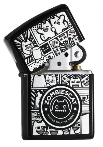 Z-029 Devil Cat Windproof Lighter Set – Black & Silver-Plated